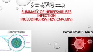 SUMMARY OF HERPESVIRUSES 
INFECTION 
INCLUDING(HSV,HZV,CMV,EBV) 
Hamad Emad H. Dhuhayr 
 