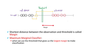 ҂ Shortest distance between the observation and threshold is called
Margin
҂ Maximum Marginal Classifier:
▪ when we use the threshold that gives us the largest margin to make
classification
 