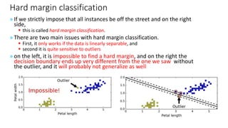Hard margin classification
» If we strictly impose that all instances be off the street and on the right
side,
▪ this is called hard margin classification.
» There are two main issues with hard margin classification.
▪ First, it only works if the data is linearly separable, and
▪ second it is quite sensitive to outliers
» on the left, it is impossible to find a hard margin, and on the right the
decision boundary ends up very different from the one we saw without
the outlier, and it will probably not generalize as well
 