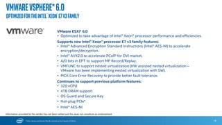 * Other Names and Brands May Be Claimed as the Property of Others
 Support for Intel® Virtualization Technology
 Ultimate Performance
 Network and block device hot plugging
 Virtual machine management and orchestration tools
 Scalability, live migration
 High Availability
 Full support for both leading open source hypervisors, KVM and Xen*
 Support for Linux containers (libvirt-lxc) and Docker
 Multiplatform support
 SUSE Linux Enterprise Server* 10, 11 and 12
 Novell Open Enterprise Server* 11
 NetWare* 6.5
 Windows Server* 2003, 2008, 2008 R2, 2012, 2012 R2
 Windows Vista*, 7, 8, 8.1
 Red Hat* Enterprise Linux 5, 6, 7
 Host Limits with SLES 12:
 8192 logical CPUs
 16 TiB RAM
 Guest Limits with SLES 12:
 256 CPU threads
 4 TiB RAM
SUSELinuxEnterprise*
KeyVirtualizationFeatures
SUSE Linux Enterprise
 UNIX to Linux Migration
 Mission-Critical Computing
 Integrated Systems
 Big Data
 Virtualization and Cloud
18
Information provided by the vendor has not been vetted and this does not constitute an endorsement.
 