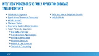 Intel®Xeon®processorE7v3Family Applicationshowcase
TableofContents
2
 Software Ecosystem………………………………………Slide 3
 Application Showcase Summary………………….Slide 6
 What’s Inside?.............................................................Slide 6
 Platform Value............................................................Slide 7
 Operating System Optimizations…………………Slide 15
 Proof Points by Segment; indicates new since May 2015:
 Big Data Analytics…………………………………….Slide 20
 Core Business & Telecommunications…..Slide 25
 Enterprise Database……………………...………...Slide 39
 Financial Services………………………...…………..Slide 50
 Health & Life Sciences……………………....……..Slide 54
 Technical Computing……………………………….Slide 61
 Better Together and 2x2 Proof Points…………Slide 66
 Helpful Links…………………………………………………..Slide 81
 Configurations & Disclaimers………………………..Slide 83
Use the horizontal slide bar (preview) below to move quickly to a specific section
N E W
 