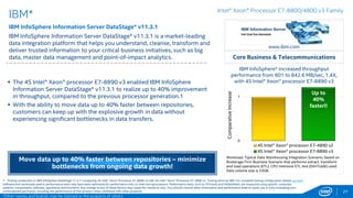 0
1
2
4S Intel® Xeon® processor E7-4890 v2 + Intel® AVX
4S Intel® Xeon® processor E7-8890 v3 + Intel® AVX2
27
Nomura Research Institute, Ltd.*
Business Oriented Solution (BOS)
“NRI* is excited that the Intel® Xeon® processor E7-8890 v3 improved BOS’s
NUMA optimized application performance. More CPU cores and Intel® AVX2
really boosted performance to amazing levels compared to the previous
generation processors”
Yuzo Ishida – Senior Application Engineer, NRI (Architect of BOS)
Core Business & Telecommunications
 BOS* is the new generation Big Data platform, optimized to utilize
multicores and Intel AVX2, to maximize performance on the Intel Xeon
processor E7-8890 v3.
 BOS* handles OLTP and OLAP transactions on a single database scheme
without any data mart or pre-manipulated redundant data source.
 Increased memory bandwidth in the Intel Xeon processor E7-8890 v3
allows better utilization of computational resources, and significantly
improved runtimes when data increased.
 Real-time enterprise architecture that scales with NUMA optimizations.
www.nri.com
Intel® Xeon® Processor E7-8800/4800 v3 Family
Data-oriented business insights delivered twice as fast speeds
up decision-making and lowers TCO!
1 - Testing conducted on Nomura Research Institute, Ltd.* comparing 4S Intel® Xeon® Processor E7-8890 v3 with 4S Intel® Xeon® Processor E7-4890 v2. Testing done by NRl. For complete testing configuration details, see SLIDE 85.
Software and workloads used in performance tests may have been optimized for performance only on Intel microprocessors. Performance tests, such as SYSmark and MobileMark, are measured using specific computer systems,
components, software, operations and functions. Any change to any of those factors may cause the results to vary. You should consult other information and performance tests to assist you in fully evaluating your contemplated
purchases, including the performance of that product when combined with other products. For more complete information visit http://www.intel.com/performance.
*Other names and brands may be claimed as the property of others
Up to
106%
faster!!!
Workload: Real-time stock calculation; Benchmark schema derived
from TPC-H* queries.
NRI BOS* improved OLAP transaction processing time
from 62 to 30 milliseconds, 2.06X, with 4S Intel®
Xeon® processor E7-8890 v3 and Intel® AVX21
Intel Better Together: XEON + AVX2
Normalized
performance
 