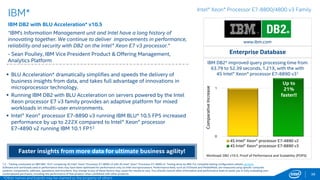  NARI Technology Development Co., Ltd.* is a leading provider of power and automation
technologies and the major solution provider for the State Grid in China. Its real-time
database is used to collect and store data from thousands of sensors across the state
grid and is the interface for querying and analyzing the data. With the 4S Intel® Xeon®
Processor E7-8890 v3, NARI increased transactions per second from 1,863 to 2,236, up
to 1.2X faster, compared to the previous generation processor1. www.naritech.cn/en/
38
Out-of-the-Box Performance Increases
Copyright © 2015 Intel Corporation. All rights reserved. *Other names and brands may be claimed as the property of others.
1,2, - Testing conducted on ISV applications comparing 4S Intel® Xeon® Processor E7-8890 v3 to 4S Intel® Xeon® Processor E7-4890 v2. Testing done by ISVs and Intel. For complete configuration details, see SLIDE 86. Software
and workloads used in performance tests may have been optimized for performance only on Intel microprocessors. Performance tests, such as SYSmark and MobileMark, are measured using specific computer systems,
components, software, operations and functions. Any change to any of those factors may cause the results to vary. You should consult other information and performance tests to assist you in fully evaluating your contemplated
purchases, including the performance of that product when combined with other products. For more complete information visit http://www.intel.com/performance.
Intel® Xeon® Processor E7-8800/4800 v3 Family
 Neusoft HIS* (Hospital Information System) is a key healthcare solution from Neusoft. It includes
information systems for outpatient, inpatient, clinic, medical techniques, medicines, logistics, general
management and statistics and analysis. With the 4S Intel® Xeon® Processor E7-8890 v3, Neusoft HIS
increased transactions per second from 173 to 206, up to 1.19X faster, compared to the previous
generation processor2. www.neusoft.com
Leading Solutions Providers in China rely on Intel® Xeon® Processors to Deliver Results!
N E W
 