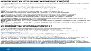 * Other Names and Brands May Be Claimed as the Property of Others
ConfigurationDetails
Microsoft SQL Server* and Intel® Xeon® Processor E7 v3 Family
72
Processor Intel® Xeon® Processor X7460 Intel® Xeon® Processor E7-8890 v3
Sockets 16 4
Memory 512 GB (64X8 GB DDR3LV-1067MHz) 512GB (16 x 8GB DDR4-2133)
Disk Intel® SSD X25-E Series Intel® SSD DC S3700 Series
OS Distribution Microsoft Windows Server 2008 R2 Microsoft Windows Server 2012
Software Microsoft SQL Server 2008 R2 Microsoft SQL Server* 2014
TPC-H* QphH @ 3000GB
$/QphH @ 3000GB
102,778
$21.04/QphH @ 3000GB
700,392
$0.98/QphH @ 3000GB
Source Source available 5/06/10 Source available 05/26/15
Software and workloads used in performance tests may have been optimized for performance only on Intel microprocessors. Performance tests, such as SYSmark and MobileMark, are measured using specific computer systems, components, software,
operations and functions. Any change to any of those factors may cause the results to vary. You should consult other information and performance tests to assist you in fully evaluating your contemplated purchases, including the performance of that
product when combined with other products. For more complete information visit http://www.intel.com/performance.
1. Up to 3.6x memory bandwidth based on STREAM(triad) benchmark comparing baseline Intel® Server platform with four Intel® Xeon® Processor X7560, 64x4GB DDR3-1066 scoring 71.578 GB/sec (source: Intel® technical report #1129) to the new
Intel® Server platform with four Intel® Xeon® Processor E7-8890 v3, 64x16GB DDR4-1600 scoring 269.7 GB/sec. (source: Intel® technical report #106).
2. Up to 6.8x performance improvement and up to 20x lower cost claim based on TPC-H workload comparing baseline Unisys ES7000* Model 7600R Enterprise Server (16s) with four Intel® Xeon® processor x7560 2.26GHz (4 processors, 8 cores, 16
threads) Historical Result: scoring 102,778 QphH, costing $2,162,895, $21.04/QphH (source: http://tpc.org/3245) to the new Intel® Server platform with four Intel® Xeon® E7-8890 v3 2.5GHz (4 processors, 72 cores, 144 threads) scoring 700,392
QphH costing $691,524, $0.98/QphH (Source: http://www.tpc.org/3313)
 