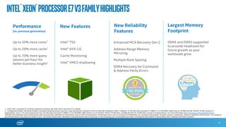 *Other names and brands may be claimed as the property of others
Technical Computing
4-Socket
Business Processing
4-Socket
21 New World Records1
Infrastructure Virtualization
4 & 8-Socket
Decision Support
4-Socket
General Computing
2, 4 & 8-Socket
Decision Support
4-Socket
Software and workloads used in performance tests may have been optimized for performance only on Intel microprocessors. Performance tests, such as SYSmark and MobileMark, are measured using specific computer systems, components, software, operations and functions.
Any change to any of those factors may cause the results to vary. You should consult other information and performance tests to assist you in fully evaluating your contemplated purchases, including the performance of that product when combined with other products. For
more complete information, visit http://www.intel.com/performance/datacenter. Intel does not control or audit third-party benchmark data or the web sites referenced in this document. You should visit the referenced web site and confirm whether referenced data are accurate.
1. Twenty-one performance world records as of May 5, 2015.
For more information about performance and benchmark results, visit www.intel.com/E7v3records.
 