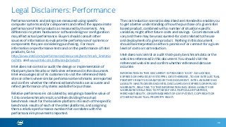 90
Legal Disclaimers: Performance
Performance tests and ratings are measured using specific
computer systems and/or components and reflect the approximate
performance of Intel products as measured by those tests. Any
difference in system hardware or software design or configuration
may affect actual performance. Buyers should consult other
sources of information to evaluate the performance of systems or
components they are considering purchasing. For more
information on performance tests and on the performance of Intel
products, Go to:
http://www.intel.com/performance/resources/benchmark_limitatio
ns.htm. and www.intel.com/software/products
Intel does not control or audit the design or implementation of
third party benchmarks or Web sites referenced in this document.
Intel encourages all of its customers to visit the referenced Web
sites or others where similar performance benchmarks are reported
and confirm whether the referenced benchmarks are accurate and
reflect performance of systems available for purchase.
Relative performance is calculated by assigning a baseline value of
1.0 to one benchmark result, and then dividing the actual
benchmark result for the baseline platform into each of the specific
benchmark results of each of the other platforms, and assigning
them a relative performance number that correlates with the
performance improvements reported.
The cost reduction scenarios described are intended to enable you
to get a better understanding of how the purchase of a given Intel
based product, combined with a number of situation-specific
variables, might affect future costs and savings. Circumstances will
vary and there may be unaccounted-for costs related to the use
and deployment of a given product. Nothing in this document
should be interpreted as either a promise of or contract for a given
level of costs or cost reduction.
Intel does not control or audit third-party benchmark data or the
web sites referenced in this document. You should visit the
referenced web site and confirm whether referenced data are
accurate.
INFORMATION IN THIS DOCUMENT IS PROVIDED “AS IS”. NO LICENSE,
EXPRESS OR IMPLIED, BY ESTOPPEL OR OTHERWISE, TO ANY INTELLECTUAL
PROPERTY RIGHTS IS GRANTED BY THIS DOCUMENT. INTEL ASSUMES NO
LIABILITY WHATSOEVER AND INTEL DISCLAIMS ANY EXPRESS OR IMPLIED
WARRANTY, RELATING TO THIS INFORMATION INCLUDING LIABILITY OR
WARRANTIES RELATING TO FITNESS FOR A PARTICULAR PURPOSE,
MERCHANTABILITY, OR INFRINGEMENT OF ANY PATENT, COPYRIGHT OR
OTHER INTELLECTUAL PROPERTY RIGHT.
 