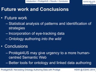 Future work and Conclusions
Protégé4US: Harvesting Ontology Authoring Data with Protégé HSWI @ ESWC 2014
• Future work
– S...