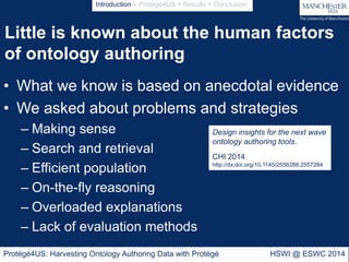 Little is known about the human factors
of ontology authoring
Protégé4US: Harvesting Ontology Authoring Data with Protégé ...