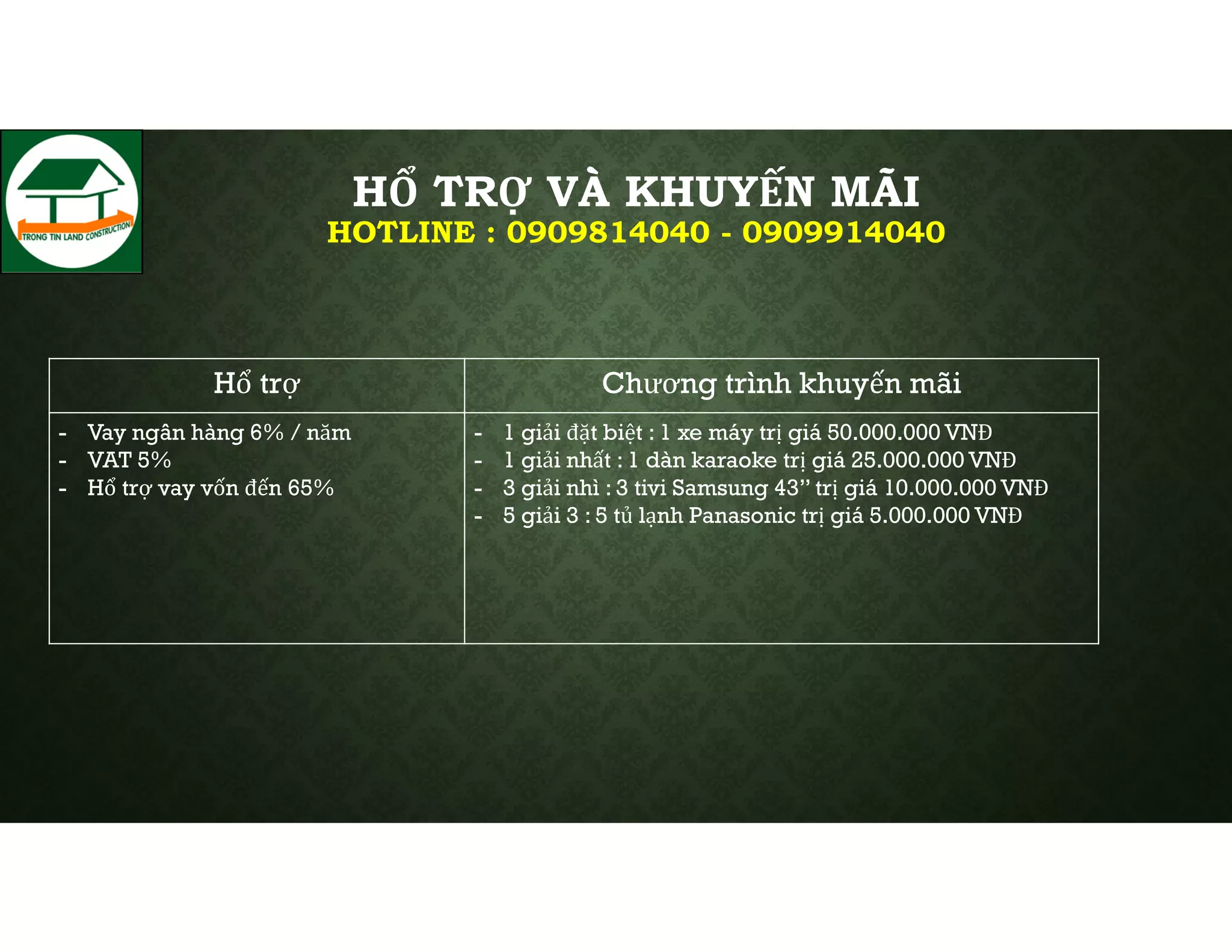 HỔ TRỢ VÀ KHUYẾN MÃI
HOTLINE : 0909814040 - 0909914040

Hổ trợ
- Vay ngân hàng 6% / năm
- VAT 5%
- Hổ trợ vay vốn đến 65%

Chương trình khuyến mãi
-

1 giải đặt biệt : 1 xe máy trị giá 50.000.000 VNĐ
1 giải nhất : 1 dàn karaoke trị giá 25.000.000 VNĐ
3 giải nhì : 3 tivi Samsung 43’’ trị giá 10.000.000 VNĐ
5 giải 3 : 5 tủ lạnh Panasonic trị giá 5.000.000 VNĐ

 