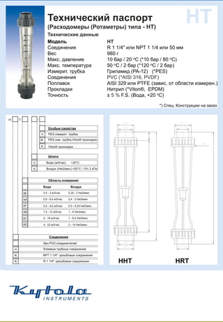Технические данные
Модель HT
Соединения R 1 1/4" или NPT 1 1/4 или 50 мм
Вес 980 г
Макс. давление 10 бар / 20 оС (*10 бар / 80 оС)
Макс. температура 50 оС / 2 бар (*120 оС / 2 бар)
Измерит. трубка Гриламид (PA-12) (*PES)
Соединения PVC (*AISI 316, PVDF)
Поплавок AISI 329 или PTFE (завис. от области измерен.)
Прокладки Нитрил (*Viton®, EPDM)
Точность ± 5 % F.S. (Вода, +20 оС)
*) Спец. Конструкции на заказ
HT
Шкала
Вода (м3/час) +20°C
Воздух (Нм3/мин) +20°C / 101,3 кПа
Область измерения
Вода Воздух
0,5 - 3 м3/час 0,35 - 2 Нм3/мин
0,6 - 6,4 м3/час 0,4 - 3 Нм3/мин
0,5 - 9,5 м3/час 0.5 - 4,25 Нм3/мин
1,5 - 12 м3/час 1 - 6 Нм3/мин
2 - 18 м3/час 1 - 8,5 Нм3/мин
4 - 22 м3/час 2 - 14 Нм3/мин
4E
4A
4F
4B
4C
4D
C
S
Особые свойства
-
Клеевые трубные соединения
NPT 1 1/4" -резьбовые соединения
H
N
H
R 1 1/4" -резьбовые соединенияR
PES изм. трубка,Viton® прокладки
Viton® прокладки
V
T
PES измерит. трубка
W
X
Без PVC-соединителей
Соединения
HHT HRT
Технический паспорт
(Расходомеры (Ротаметры) типа - HT)
 