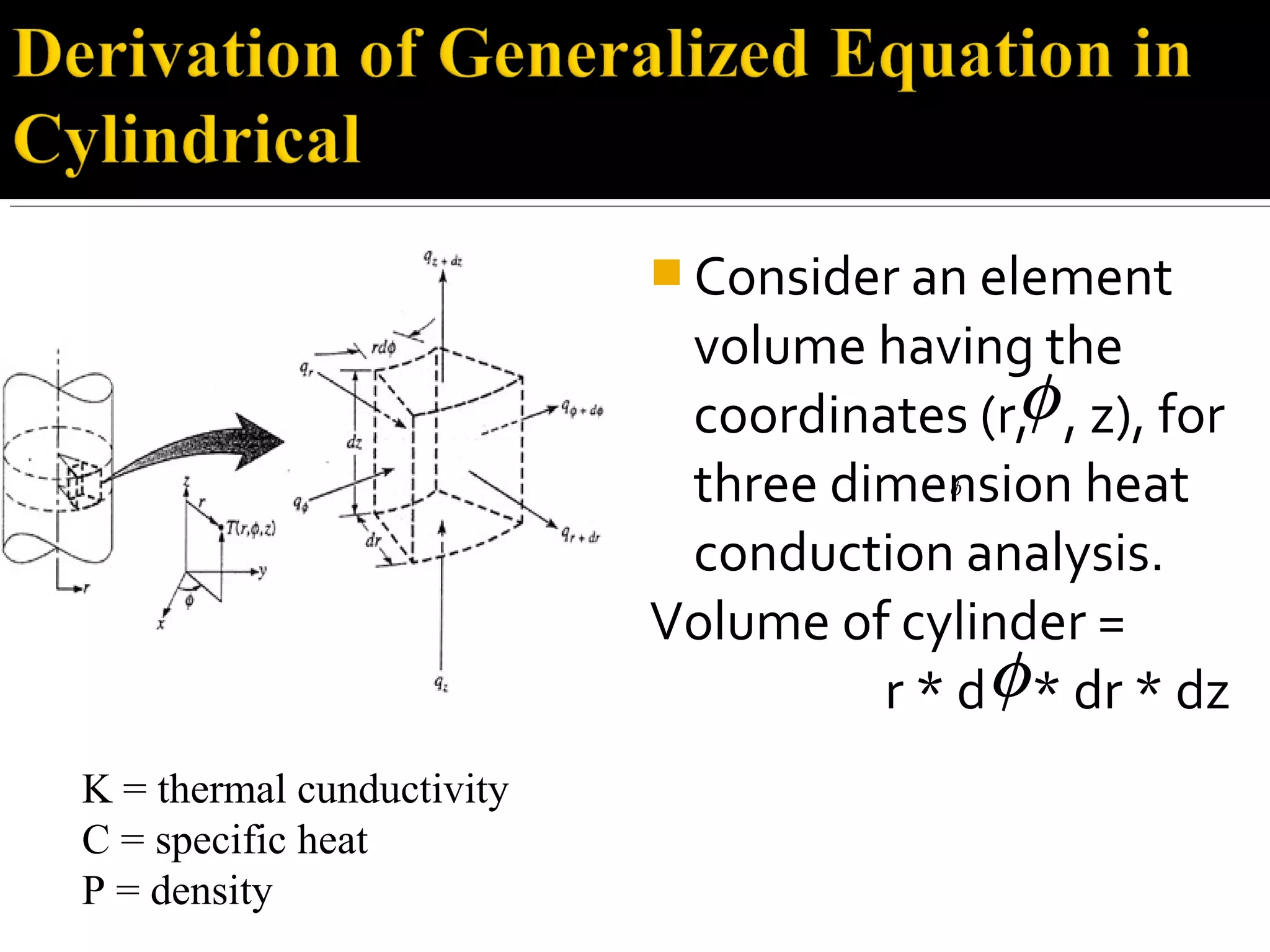  Consider an element
volume having the
coordinates (r, , z), for
three dimension heat
conduction analysis.
Volume of cylinder =
r * d * dr * dz
φ
φ
φ
K = thermal cunductivity
C = specific heat
P = density
 