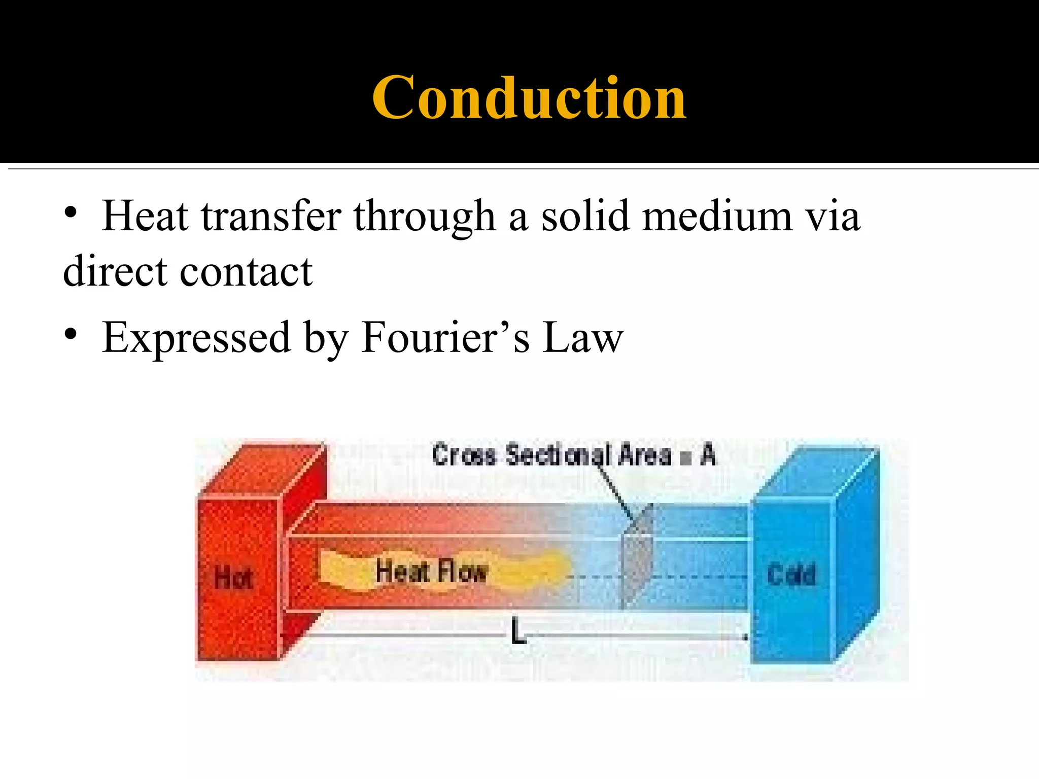 Conduction
• Heat transfer through a solid medium via
direct contact
• Expressed by Fourier’s Law
 