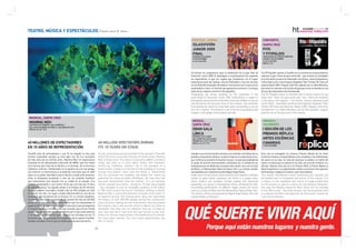 DICIEMBRE / DECEMBER 09
TEATRO, MÚSICA Y ESPECTÁCULOS                                                  Theatre, Music & Shows                                                                                                                                                                      www.hoy-today.com

                                                                                                                                                FESTIVAL_ARONA                                                                   CONCIERTO_
                                                                                                                                                ISLASVIVIÓN                                                                      SANTA CRUZ
                                                                                                                                                JUNIOR 2009                                                                      FITO
                                                                                                                                                FINAL                                                                            Y FITIPALDIS
                                                                                                                                                PIRÁMIDES DE ARONA                                                               APARCAMIENTOS PARQUE MARÍTIMO
                                                                                                                                                20 DE DICIEMBRE                                                                  SÁBADO 5 DE DICIEMBRE
                                                                                                                                                A LAS 19:30 HRS.                                                                 A LAS 22:00 HRS.
                                                                                                                                                                                                                                 PRECIO: 23 €




                                                                                                                                               Se ultiman los preparativos para la celebración de la gran ﬁnal de               Fito & Fitipaldis vuelven a Tenerife con un concierto en el que podremos
                                                                                                                                               Islasvisión Junior 2009. El despliegue y la participación han superado           saborear su gira “Antes de que cuente diez”, que contará con novedades
                                                                                                                                               las expectativas, lo que nos sugiere que contaremos con el mayor                 en la formación ya que a los habituales Javi Alzola, Joserra Senperena y
                                                                                                                                               espectáculo junior de Canarias. Una vez ﬁnalizado su tour por las Islas          Carlos Raya se les unen el bajista Alejandro ‘Boli’ Climent (M-Clan) y el
                                                                                                                                               se han obtenido resultados de máximo nivel artístico por lo que el nivel         batería Daniel Griﬃn (Tequila, Ariel Rot), además de La Cabra Mecánica,
                                                                                                                                               sorprenderá a todos. Un festival que garantiza la emoción y la intriga,          que serán los teloneros de lujo de una gira que se ha convertido en una
                                                                                                                                               tanto de los mayores como los más pequeños.                                      de las más importantes de la temporada.
                                                                                                                                               Preparations are almost complete for the celebration of the                      Fito & Fitipaldis return to Tenerife with a concert where we can
                                                                                                                                               grand ﬁnale of Islasvisión Junior 2009. Expectations in regard to                enjoy their “Antes de que cuente diez” tour. There are novelties
                                                                                                                                               participation and production have been more than fulﬁlled so we can              in the group: the regulars - Javi Alzola, Joserra Senperena and
                                                                                                                                               look forward to the top junior show of the Canaries. The standards               Carlos Raya – have been joined by base guitarist Alejandro ‘Boli’
                                                                                                                                               found during the island tour have been quite outstanding so we are               Climent (M-Clan) and drummer Daniel Griﬃn (Tequila, Ariel Rot).
                                                                                                                                               all in for a surprise. This festival is sure to be full of excitement and        Furthermore, La Cabra Mecánica will be the excellent support
                                                                                                                                               intrigue, to the delight of both adults and kids.                                band for one of the top tours of the season.
 MUSICAL_SANTA CRUZ
 MAMMA MÍA!                                                                                                                                     MÚSICA_                                                                          PREMIOS_
 AUDITORIO DE TENERIFE. SALA SINFÓNICA                                                                                                          SANTA CRUZ                                                                       TACORONTE
 DEL 28 DE DICIEMBRE DE 2009 AL 4 DE ENERO DE 2010
 PRECIO: 50, 40 Y 30 €                                                                                                                          GRAN GALA                                                                        I EDICIÓN DE LOS
                                                                                                                                                LÍRICA                                                                           PREMIOS RÉPLICA
                                                                                                                                                DÁRSENA LOS LLANOS
                                                                                                                                                DEL PUERTO DE SANTA CRUZ                                                         ARTES ESCÉNICAS
                                                                                                                                                SÁBADO 26 A LAS 21:00 HRS.
40 MILLONES DE ESPECTADORES                                                  40 MILLION SPECTATORS DURING                                       PRECIO: 30, 45 Y 75 €                                                            CANARIAS
                                                                                                                                                                                                                                 14 DE DICIEMBRE
EN 10 AÑOS DE REPRESENTACIÓN                                                 ITS 10 YEARS ON STAGE
Tenerife está de enhorabuena y por ﬁn ha llegado la hora que                 At last, what everyone was waiting for has arrived in Tenerife;   Grandes voces de reconocidos artistas y las melodías más bellas de los           Este mes se entregarán los primeros Premios Réplica de las Artes
muchos esperaban porque ya está aquí uno de los musicales                    one of the most successful musicals of recent times, Mamma        grandes compositores italianos, se dan la mano en un espectáculo único,          Escénicas Canarias, correspondientes a las compañías y los profesionales
de más éxito de los últimos años, Mamma Mía!. Un espectáculo                 Mía! is finally here. This show is inspired by ABBA’s immortal    que conﬁrma la excelente formación musical y la gran personalidad de             del sector en las Islas. Se trata de reconocer la calidad y el mérito del
inspirado en las atemporales canciones de ABBA, que nos relata               songs and tells us a story about family and friendship            un grupo de artistas internacionales, aclamados por la calidad de sus            teatro y la danza que se realizan en las Islas, así como de contribuir a su
una historia que trata de la familia y la amistad, de la escritora           written by Catherine Johnson. Set in the paradise of a            interpretaciones en diferentes escenarios del mundo como son la Scala            difusión. Además, este año irá a los Premios MAX, el Premio Réplica al
Catherine Johnson. Ambientado en el paraíso de una isla griega,              Greek island, it begins on the eve of the wedding of a young      de Milan y el Metropolitan Ópera de Nueva York. Los solistas estarán             Mejor Espectáculo. Los galardonados recibirá la escultura Una explosión
nos sitúa en la noche previa a la boda de una joven que no sabe              woman who doesn’t know who her father is. Determined              acompañados por el pianista canario Miguel Ángel Dionis.                         de emociones, creada por el artista Juan Carlos Batista.
quien es su padre. Decidida a que el día de su boda esté presente,           that he witnesses her wedding, she begins her search by           Great voices of well-known artists and the most beautiful melodies               This month, the Replica Canary Performing Arts Awards will
inicia la búsqueda reuniendo a tres de los posibles hombres                  gathering the three possible candidates, the men who had          written by great Italian composers join forces in a unique show,                 be handed over to companies and artists of the islands. It is
que mantuvieron una relación con su madre en el pasado. Una                  had past relationships with her mother. It is an exciting,        which conﬁrms the excellent musical training and distinctive                     a tribute to the standards and merits of stage productions
historia apasionante y con mucho ritmo que con más de 10 años                rhythm-packed story which - during its 10 year-long staging       personality of a group of international artists, acclaimed for their             on the islands as well as a boost for the industry. Moreover,
de representación, ha logrado atraer a la friolera de 40 millones            - has managed to sum an incredible audience of 40 million         outstanding performances on diﬀerent stages around the world,                    this year the Replica Award for Best Show will be included
de espectadores tras haber visitado más de 160 ciudades en todo              in 160 cities around the world. Therefore, without a doubt,       such as La Scala of Milan and the Metropolitan Opera of New York.                in the MAX prizes. The prize-winners will be presented with
el mundo. Por ello, sin lugar a dudas Mamma Mía! es uno de los               Mamma Mía! is one of the foremost musicals of all times. In       The soloists will be accompanied by Miguel Ángel Dionis, from the                a sculpture entitled Una explosión de emociones created by
musicales por excelencia de la historia. En su versión española,             its Spanish version, the striking artist, Nina, has captivated    Canary Islands, at the piano.                                                    Juan Carlos Batista.
la inconfundible Nina ha cautivado el corazón de más de 400.000              the hearts of over 400.000 people during five consecutive
personas, en los cinco años consecutivos que ha interpretado el              years as Dona, making her the only actress who has played
papel de Dona, lo que la convierte en la única actriz que protagoniza        the leading role in the musical since its debut. You have to
el musical desde su estreno. Hay que recordar que allí por donde             remember that they sell out wherever they go, so keep on
pasan cuelgan el cartel de no hay billetes por lo que estén atentos          your toes and don’t wait until the last minute to buy your
y no esperen a última hora para comprar las entradas de las 10               tickets for the ten shows billed in the Auditorium of Tenerife.
funciones que representarán en el Auditorio de la capital tinerfeña.         You have been warned. You can’t leave opportunities like
Quedan avisados. Estos lujos no están para desaprovecharlos.                 this to slip by.

                                                                        14                                                                                                                                                 15
 