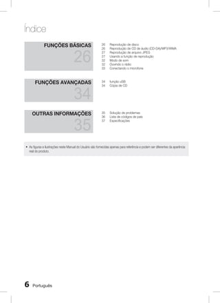 Índice
Funções básicas

26

26	
26	
27	
27	
32	
32	
33	

Reprodução de disco
Reprodução de CD de áudio (CD-DA)/MP3/WMA
Reprodução de arquivo JPEG
Usando a função de reprodução
Modo de som
Ouvindo o rádio
Conectando o microfone

Funções avançadas

34	
34	

função uSB
Cópia de CD

Outras informações

35	
36	
37	

Solução de problemas
Lista de códigos de país
Especificações

34
35

~ As figuras e ilustrações neste Manual do Usuário são fornecidas apenas para referência e podem ser diferentes da aparência
real do produto.



Português

 