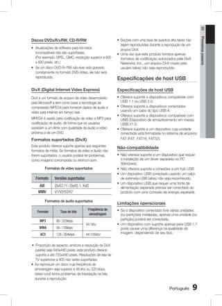 01

~ Atualizações de software para formatos
incompatíveis não são suportadas.
(Por exemplo: QPEL, GMC, resolução superior a 800
x 600 pixels, etc.)
~ Se um disco DVD-R/-RW não tiver sido gravado
corretamente no formato DVD-Video, ele não será
reproduzido.

Primeiros passos

Discos DVD±R/±RW, CD-R/RW

~ Seções com uma taxa de quadros alta talvez não
sejam reproduzidas durante a reprodução de um
arquivo DivX.
~ Uma vez que este produto fornece apenas
formatos de codificação autorizados pela DivX
Networks, Inc., um arquivo DivX criado pelo
usuário talvez não seja reproduzido.

Especificações de host USB

DivX (Digital Internet Video Express)

Especificações de host USB

DivX é um formato de arquivo de vídeo desenvolvido
pela Microsoft e tem como base a tecnologia de
compressão MPEG4 para fornecer dados de áudio e
vídeo pela Internet em tempo real.

~  ferece suporte a dispositivos compatíveis com
O
USB 1.1 ou USB 2.0.
~ Oferece suporte a dispositivos conectados
usando um cabo do tipo USB A.
~ Oferece suporte a dispositivos compatíveis com
UMS (Dispositivo de armazenamento em massa
USB) V1.0.
~ Oferece suporte a um dispositivo cuja unidade
conectada está formatada no sistema de arquivos
FAT (FAT, FAT16, FAT32).

MPEG4 é usado para codificação de vídeo e MP3 para
codificação de áudio, de forma que os usuários
assistam a um filme com qualidade de áudio e vídeo
próxima a de um DVD.

Formatos suportados (DivX)
Este produto oferece suporte apenas aos seguintes
formatos de mídia. Se formatos de vídeo e áudio não
forem suportados, o usuário poderá ter problemas,
como imagens corrompidas ou nenhum som.
Formatos de vídeo suportados

Formato
AVI
WMV

Versões suportadas
DivX3.11~DivX5.1, XviD
V1/V2/V3/V7

Formatos de áudio suportados
Formato

Taxa de bits

MP3

80~320kbps

WMA

56~128kbps

AC3

128~384kbps

Freqüência de
amostragem
44.1khz
44.1/48khz

Não-compatibilidade
~ Não oferece suporte a um dispositivo que requer
a instalação de um driver separado no PC
(Windows).
~ Não oferece suporte a conexões a um hub USB.
~ Um dispositivo USB conectado usando um cabo
de extensão USB talvez não seja reconhecido.
~ Um dispositivo USB que requer uma fonte de
alimentação separada precisa ser conectado ao
produto com uma conexão de energia separada.

Limitações operacionais
~ Se o dispositivo conectado tiver várias unidades
(ou partições) instaladas, apenas uma unidade (ou
partição) poderá ser conectada.
~ Um dispositivo com suporte apenas para USB 1.1
pode causar uma diferença na qualidade da
imagem, dependendo de seu tipo.

~ Proporção de aspecto: embora a resolução de DivX
padrão seja 640x480 pixels, este produto oferece
suporte a até 720x480 pixels. Resoluções de tela de
TV superiores a 800 não serão suportadas.
~ Ao reproduzir um disco cuja freqüência de
amostragem seja superior a 48 khz ou 320 kbps,
talvez você tenha problemas de trepidação na tela
durante a reprodução.

Português



 
