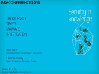 Session ID:
Session Classification:
Bob Burls
Information Technology Security Consultant
HT-F41
General Interest
THE CROSSBILL
SPYEYE
MALWARE
INVESTIGATION
Graham Cluley
Senior Technology Consultant, Sophos
 