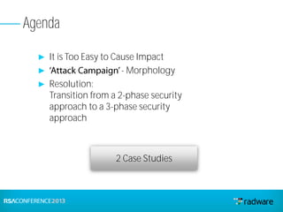 ► It is Too Easy to Cause Impact
► - Morphology
► Resolution:
Transition from a 2-phase security
approach to a 3-phase security
approach
Agenda
2 Case Studies
 