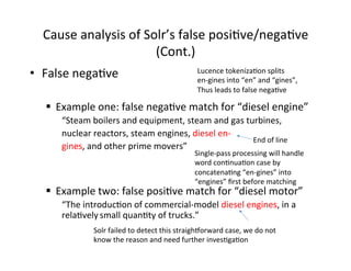 Cause	
  analysis	
  of	
  Solr’s	
  false	
  posi:ve/nega:ve	
  
(Cont.)	
  
•  False	
  nega:ve	
  
	
  
§  Example	
  one:	
  false	
  nega:ve	
  match	
  for	
  “diesel	
  engine”	
  
“Steam	
  boilers	
  and	
  equipment,	
  steam	
  and	
  gas	
  turbines,	
  	
  
nuclear	
  reactors,	
  steam	
  engines,	
  diesel	
  en-­‐	
  
gines,	
  and	
  other	
  prime	
  movers”	
  
§  Example	
  two:	
  false	
  posi:ve	
  match	
  for	
  “diesel	
  motor”	
  
“The	
  introduc:on	
  of	
  commercial-­‐model	
  diesel	
  engines,	
  in	
  a	
  
rela:vely	
  small	
  quan:ty	
  of	
  trucks.”	
  
Lucence	
  tokeniza:on	
  splits	
  
en-­‐gines	
  into	
  “en”	
  and	
  “gines”,	
  
Thus	
  leads	
  to	
  false	
  nega:ve	
  
End	
  of	
  line	
  
Single-­‐pass	
  processing	
  will	
  handle	
  	
  
word	
  con:nua:on	
  case	
  by	
  	
  
concatena:ng	
  “en-­‐gines”	
  into	
  
“engines”	
  ﬁrst	
  before	
  matching	
  
Solr	
  failed	
  to	
  detect	
  this	
  straigh‚orward	
  case,	
  we	
  do	
  not	
  
know	
  the	
  reason	
  and	
  need	
  further	
  inves:ga:on	
  
 