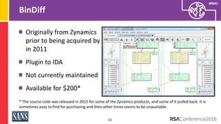 #RSAC
BinDiff
11
Originally from Zynamics
prior to being acquired by Google
in 2011
Plugin to IDA
Not currently maintained...