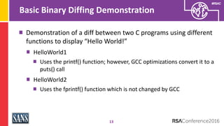 #RSAC
Basic Binary Diffing Demonstration
13
Demonstration of a diff between two C programs using different
functions to di...