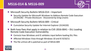 #RSAC
MS16-014 & MS16-009
21
Microsoft Security Bulletin MS16-014 – Important
Security Update for Microsoft Windows to Add...