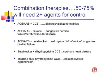 Combination therapies….50-75%
will need 2+ agents for control
 ACE/ARB + CCB……..diabetes/lipid abnormalities
 ACE/ARB + diuretic…..congestive cardiac
failure/cerebrovascular disease
 ACE/ARB + betablocker…post myocardial infarction/congestive
cardiac failure
 Betablocker + dihydropyridine CCB…coronary heart disease
 Thiazide plus dihydropyridine CCB…..isolated systolic
hypertension
 