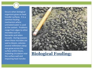 Biological Fouling:
Occurs when biological
organisms grow on heat
transfer surfaces. It is a
common fouling
mechanism where
untreated water is used
as the coolant. Problems
range from algae to other
microbes such as
barnacles and zebra
mussels. During seasons
when these microbes are
said to bloom, colonies
several millimeters deep
may grow across the
surface within hours,
impeding circulation near
the surface wall and
impacting heat transfer.
 