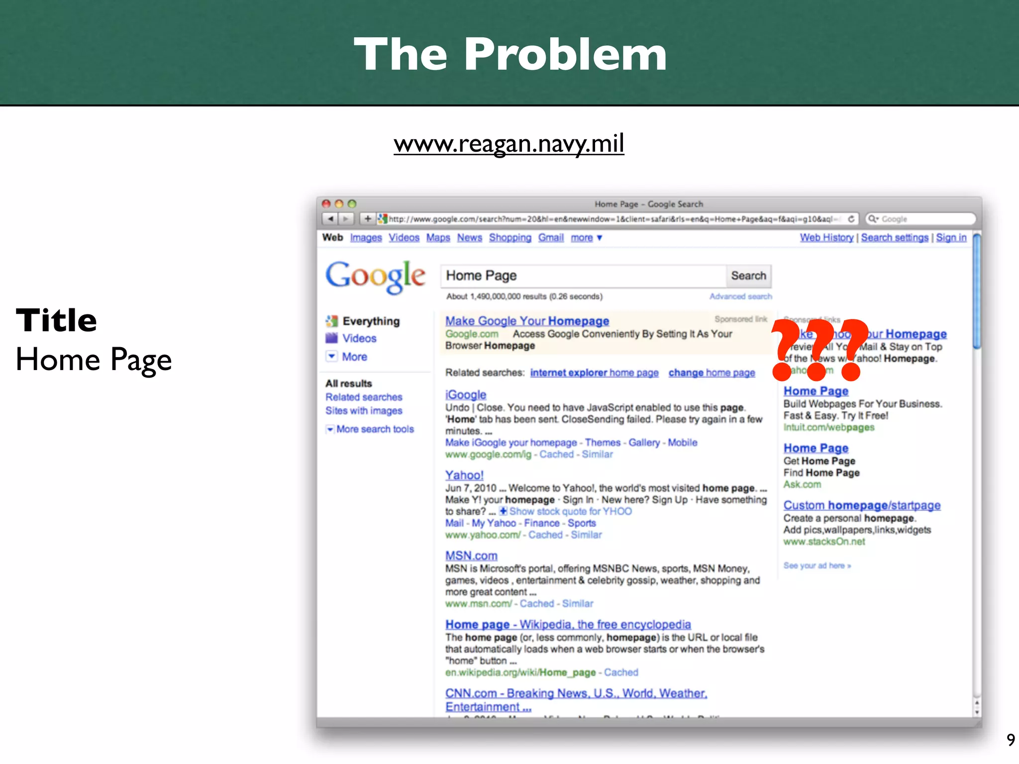 The Problem
             www.reagan.navy.mil




                                   ???
Title
Home Page




                                         9
 