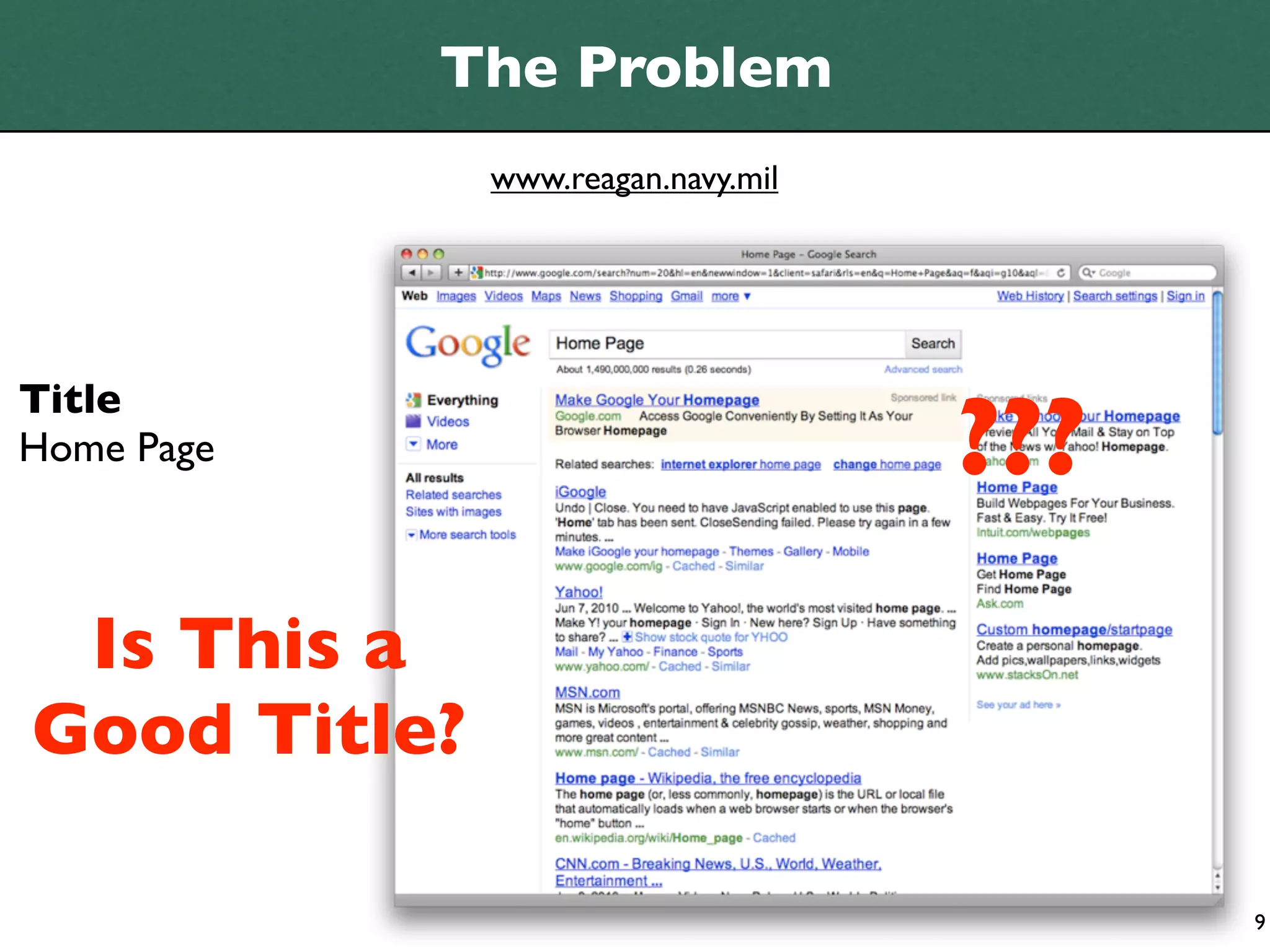 The Problem
              www.reagan.navy.mil




                                    ???
Title
Home Page



 Is This a
Good Title?

                                          9
 