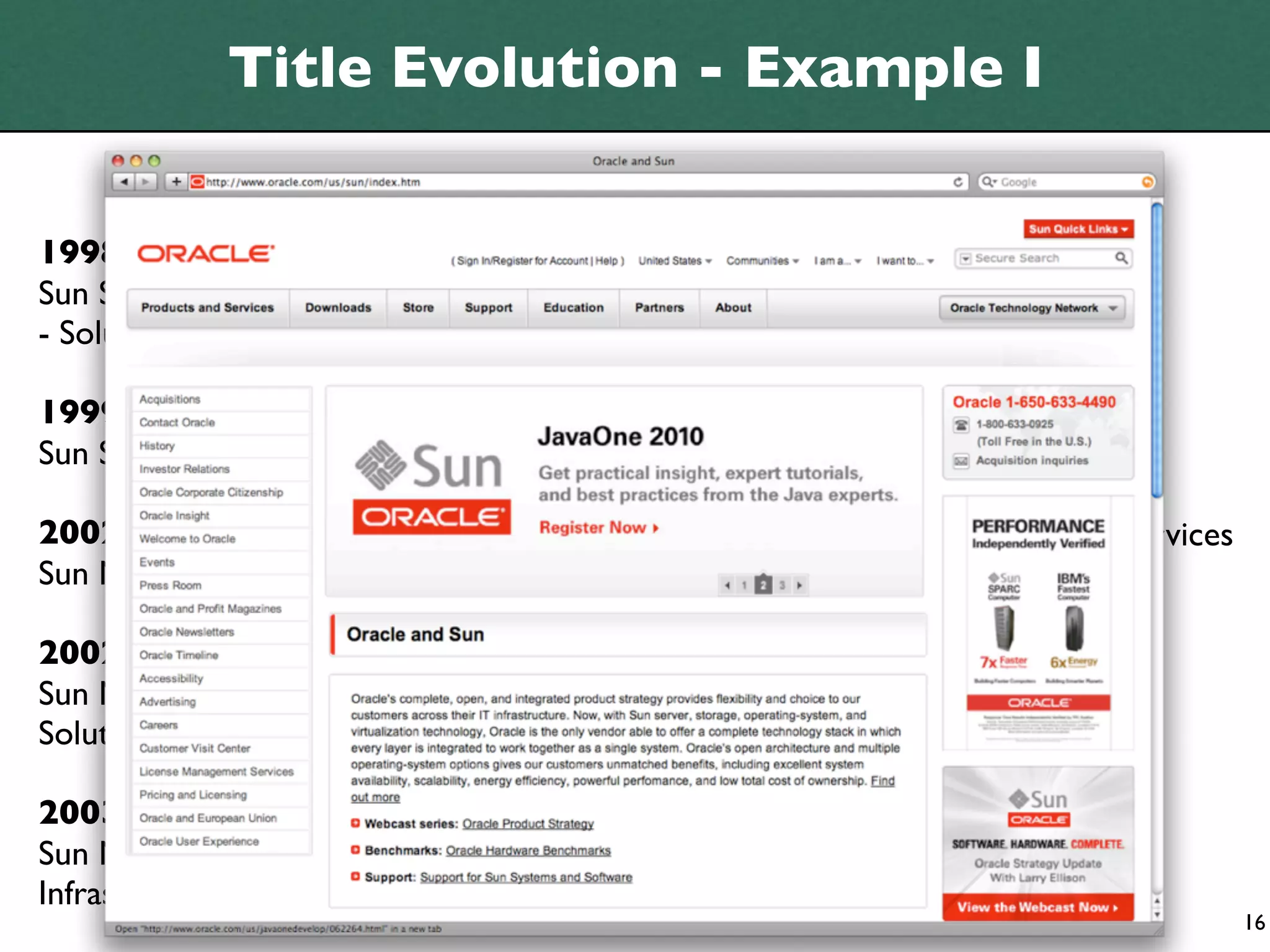Title Evolution - Example I
                         www.sun.com/solutions
1998-01-27                               2004-02-02
Sun Software Products Selector Guides    Sun Microsystems - Solutions
- Solutions Tree
                                         2004-06-10
1999-02-20                               Gateway Page - Sun Solutions
Sun Software Solutions
                                         2006-01-09
2002-02-01                               Sun Microsystems Solutions & Services
Sun Microsystems Products
                                         2007-01-03
2002-06-01                               Services & Solutions
Sun Microsystems - Business & Industry
Solutions                                2007-02-07
                                         Sun Services & Solutions
2003-08-01
Sun Microsystems - Industry &            2008-01-19
Infrastructure Solutions Sun Solutions   Sun Solutions
                                                                                 16
 