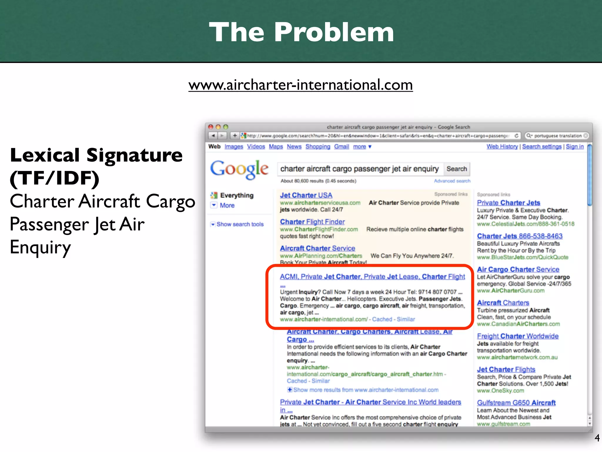 The Problem
                     www.aircharter-international.com



Lexical Signature
(TF/IDF)
Charter Aircraft Cargo
Passenger Jet Air
Enquiry




                                                        4
 