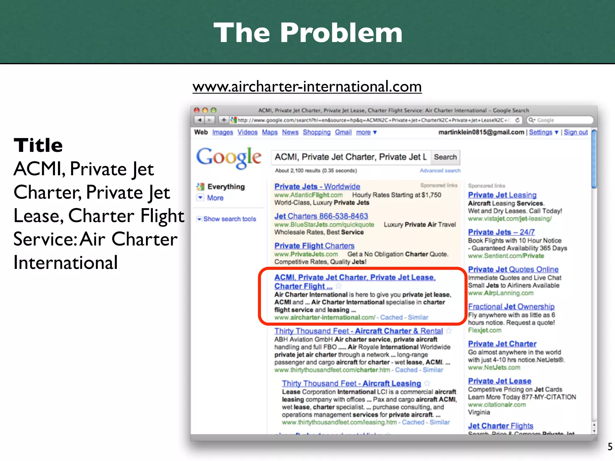 The Problem
                        www.aircharter-international.com


Title
ACMI, Private Jet
Charter, Private Jet
Lease, Charter Flight
Service: Air Charter
International




                                                           5
 