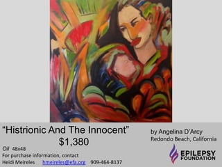 “Artist’s Intracranial 
EEG & Video 
Telemetry, Plotting of 
Limb Movement” 
$250 
by Gus Cummins 
Bristol, England 
Vector Graphics 
For purchase information, contact 
Heidi Meireles 
hmeireles@efa.org 909-464-8137 
 