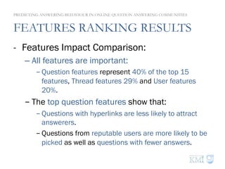 FEATURES RANKING RESULTS
-  Features Impact Comparison:
– All features are important:
- Question features represent 40% of the top 15
features, Thread features 29% and User features
20%.
- The top question features show that:
- Questions with hyperlinks are less likely to attract
answerers.
- Questions from reputable users are more likely to be
picked as well as questions with fewer answers.
PREDICTING ANSWERING BEHAVIOUR IN ONLINE QUESTION ANSWERING COMMUNITIES
 