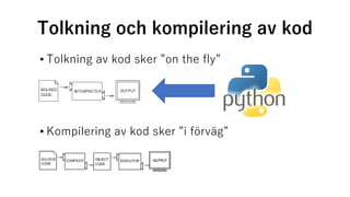 Tolkning och kompilering av kod
• Tolkning av kod sker ”on the fly”
• Kompilering av kod sker ”i förväg”
 
