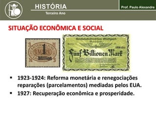 SITUAÇÃO ECONÔMICA E SOCIAL
 1923-1924: Reforma monetária e renegociações
reparações (parcelamentos) mediadas pelos EUA.
 1927: Recuperação econômica e prosperidade.
 