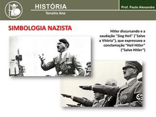 Hitler discursando e a
saudação "Sieg Heil" ("Salve
a Vitória"), que expressava a
conclamação “Heil Hitler”
(“Salve Hitler”)
SIMBOLOGIA NAZISTA
 