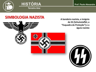 A bandeira nazista, a insígnia
da SS (Schutzstaffel, a
“Esquadra de Proteção”) e a
águia nazista
SIMBOLOGIA NAZISTA
 