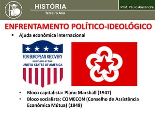  Ajuda econômica internacional
• Bloco capitalista: Plano Marshall (1947)
• Bloco socialista: COMECON (Conselho de Assistência
Econômica Mútua) (1949)
ENFRENTAMENTO POLÍTICO-IDEOLÓGICO
 