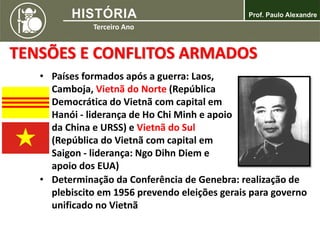 TENSÕES E CONFLITOS ARMADOS
• Países formados após a guerra: Laos,
Camboja, Vietnã do Norte (República
Democrática do Vietnã com capital em
Hanói - liderança de Ho Chi Minh e apoio
da China e URSS) e Vietnã do Sul
(República do Vietnã com capital em
Saigon - liderança: Ngo Dihn Diem e
apoio dos EUA)
• Determinação da Conferência de Genebra: realização de
plebiscito em 1956 prevendo eleições gerais para governo
unificado no Vietnã
 