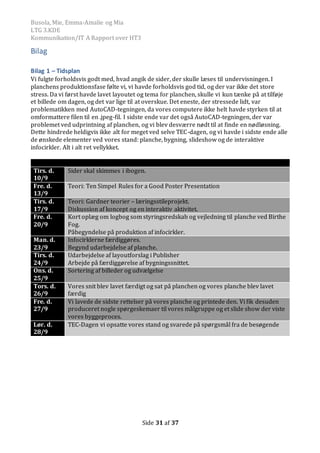 Busola, Mie, Emma-Amalie og Mia
LTG 3.KDE
Kommunikation/IT A Rapport over HT3
Side 31 af 37
Bilag
Bilag 1 – Tidsplan
Vi fulgte forholdsvis godt med, hvad angik de sider, der skulle læses til undervisningen. I
planchens produktionsfase følte vi, vi havde forholdsvis god tid, og der var ikke det store
stress. Da vi først havde lavet layoutet og tema for planchen, skulle vi kun tænke på at tilføje
et billede om dagen, og det var lige til at overskue. Det eneste, der stressede lidt, var
problematikken med AutoCAD-tegningen, da vores computere ikke helt havde styrken til at
omformattere filen til en .jpeg-fil. I sidste ende var det også AutoCAD-tegningen, der var
problemet ved udprintning af planchen, og vi blev desværre nødt til at finde en nødløsning.
Dette hindrede heldigvis ikke alt for meget ved selve TEC-dagen, og vi havde i sidste ende alle
de ønskede elementer ved vores stand: planche, bygning, slideshow og de interaktive
infocirkler. Alt i alt ret vellykket.
Tirs. d.
10/9
Sider skal skimmes i ibogen.
Fre. d.
13/9
Teori: Ten Simpel Rules for a Good Poster Presentation
Tirs. d.
17/9
Teori: Gardner teorier – læringsstileprojekt.
Diskussion af koncept og en interaktiv aktivitet.
Fre. d.
20/9
Kort oplæg om logbog som styringsredskab og vejledning til planche ved Birthe
Fog.
Påbegyndelse på produktion af infocirkler.
Man. d.
23/9
Infocirklerne færdiggøres.
Begynd udarbejdelse af planche.
Tirs. d.
24/9
Udarbejdelse af layoutforslag i Publisher
Arbejde på færdiggørelse af bygningssnittet.
Ons. d.
25/9
Sortering af billeder og udvælgelse
Tors. d.
26/9
Vores snit blev lavet færdigt og sat på planchen og vores planche blev lavet
færdig
Fre. d.
27/9
Vi lavede de sidste rettelser på vores planche og printede den. Vi fik desuden
produceret nogle spørgeskemaer til vores målgruppe og et slide show der viste
vores byggeproces.
Lør. d.
28/9
TEC-Dagen vi opsatte vores stand og svarede på spørgsmål fra de besøgende
 