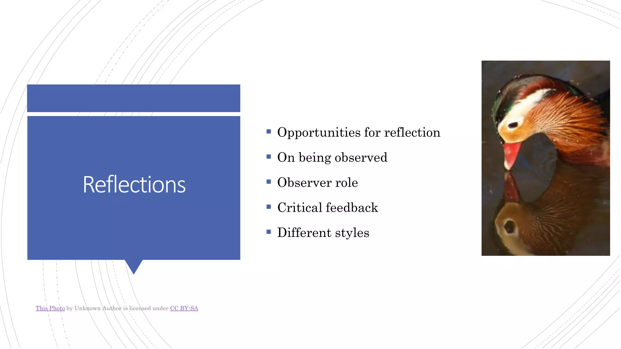 Reflections
 Opportunities for reflection
 On being observed
 Observer role
 Critical feedback
 Different styles
This Photo by Unknown Author is licensed under CC BY-SA
 