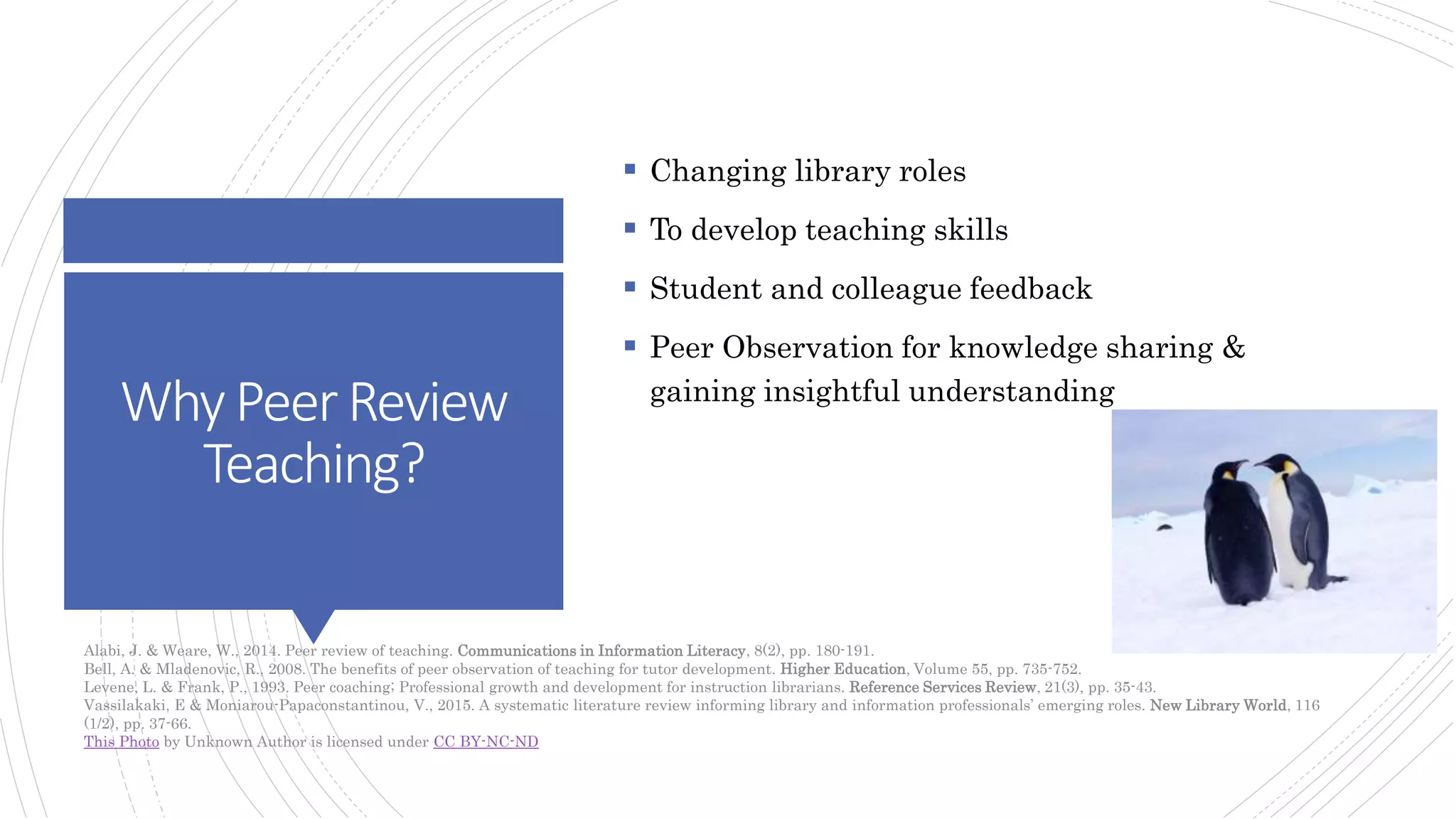 WhyPeerReview
Teaching?
 Changing library roles
 To develop teaching skills
 Student and colleague feedback
 Peer Observation for knowledge sharing &
gaining insightful understanding
Alabi, J. & Weare, W., 2014. Peer review of teaching. Communications in Information Literacy, 8(2), pp. 180-191.
Bell, A. & Mladenovic, R., 2008. The benefits of peer observation of teaching for tutor development. Higher Education, Volume 55, pp. 735-752.
Levene, L. & Frank, P., 1993. Peer coaching; Professional growth and development for instruction librarians. Reference Services Review, 21(3), pp. 35-43.
Vassilakaki, E & Moniarou-Papaconstantinou, V., 2015. A systematic literature review informing library and information professionals’ emerging roles. New Library World, 116
(1/2), pp. 37-66.
This Photo by Unknown Author is licensed under CC BY-NC-ND
 