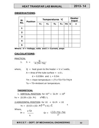 M R C E T – DEPT. OF MECHANICAL ENGINEERING 32
2013- 14HEAT TRANSFAR LAB MANUAL
OBSERVATIONS:
Sl.
No.
Position
Temperatures °°°°C
Heater
Input
T1 T2 T3 T4 T5 V I
1
2
3
4
5
Where : V = Voltage, volts and I = Current, amps
CALCULATIONS:
PRACTICAL
1. h =
where, Q = heat given to the heater = V x I watts.
A = Area of the tube surface = π d L
d = 0.038m and L = 0.5m
Tm = mean temperature = (T1+T2+T3+T4)/4
Ta = T5=Ambient air temperature.
THEORETICAL
1. VERTICAL POSITION: for 10 < Gr.Pr < 10
hv = (0.59 x (Gr. Pr) x k) / L
2.HORIZONTAL POSITION: for 10 < Gr.Pr < 10
hh = (0.53 x (Gr. Pr) x k) / L
Where,
Pr = Gr =
Q
A (Tm -Ta)
4 9
4 9
µ Cp
k
L3
ρ2
β (Tm -Ta)
µ2
0.25
0.25
 