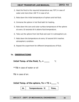 M R C E T – DEPT. OF MECHANICAL ENGINEERING 66
2013- 14HEAT TRANSFAR LAB MANUAL
2. Heat the fluid to the required temperature say 70o
C in case of
water and more than 100 o
C in case of oil.
3. Note down the initial temperature of sphere and hot fluid.
4. Immerse the sphere in hot fluid bath for heating.
5. Note down the core and outer surface temperature of the sphere
at every 10 seconds till it attains fluid temperature.
6. Take out the sphere from hot fluid and cool it in atmospheric air.
7. Note down the temperature at every 10 second till it reaches
atmospheric condition.
8. Repeat the experiment for different temperatures of fluid.
ix. OBSERVATIONS
Intial Temp. of the fluid, T∞ = ____ o
C
* T2 in case of water or oil
T1 in case of air.
Intial Temp. of the sphere, To = T3 =____ o
C
Sl. Temperatures °°°°C Time,
 