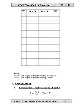 M R C E T – DEPT. OF MECHANICAL ENGINEERING 67
2013- 14HEAT TRANSFAR LAB MANUAL
No. Tc = T4 To = T3 t sec
Note:
Take T4 with respect to time for Heating process and
Take T3 with respect to time for Cooling process.
x. CALCULATIONS:
6. Determination of Heat Transfer Co-efficient, h
 