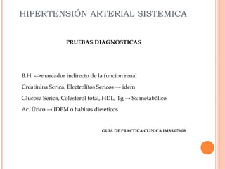 HIPERTENSIÓN ARTERIAL SISTEMICA
PRUEBAS DIAGNOSTICAS

B.H. -->marcador indirecto de la funcion renal
Creatinina Serica, Electrolítos Sericos → idem
Glucosa Serica, Colesterol total, HDL, Tg → Sx metabólico
Ac. Úrico → IDEM o habitos dieteticos

GUIA DE PRACTICA CLÍNICA IMSS 076 08

 
