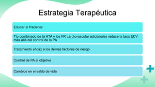 Estrategia Terapéutica
Educar al Paciente
Tto combinado de la HTA y los FR cardiovascular adicionales reduce la tasa ECV
más allá del control de la PA
Tratamiento eficaz a los demás factores de riesgo
Control de PA al objetivo
Cambios en el estilo de vida
 