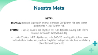 Nuestra Meta
METAS
ESENCIAL: Reducir la presión arterial al menos 20/10 mm Hg para lograr
idealmente <140/90 mm Hg.
ÓPTIMO: - < de 65 años la PA objetivo es: < de 130/80 mm Hg si lo tolera
pero no menos de 120/70 mm Hg
- > de 65 años la PA objetivo es: < de 140/90 mm Hg si lo tolera pero
individualizar cada caso, evaluar fragilidad, independencia, funcionalidad y
el contexto del paciente
 