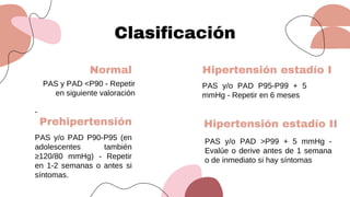 Clasificación
Hipertensión estadío I
PAS y/o PAD P95-P99 + 5
mmHg - Repetir en 6 meses
Hipertensión estadío II
PAS y/o PAD >P99 + 5 mmHg -
Evalúe o derive antes de 1 semana
o de inmediato si hay síntomas
Prehipertensión
PAS y/o PAD P90-P95 (en
adolescentes también
≥120/80 mmHg) - Repetir
en 1-2 semanas o antes si
síntomas.
Normal
PAS y PAD <P90 - Repetir
en siguiente valoración
-
 
